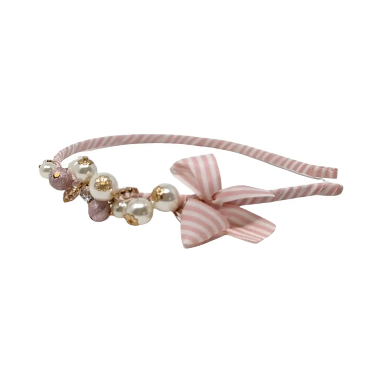 Pink and off white stripy alice band with pearls and stones in a gold cased diamante Cute Cute