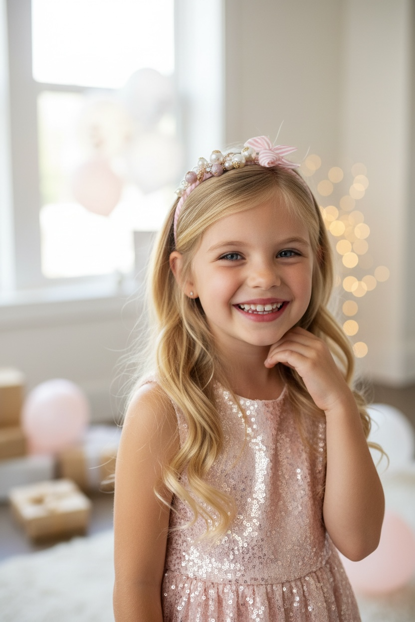 Pink and off white stripy alice band with pearls and stones in a gold cased diamante