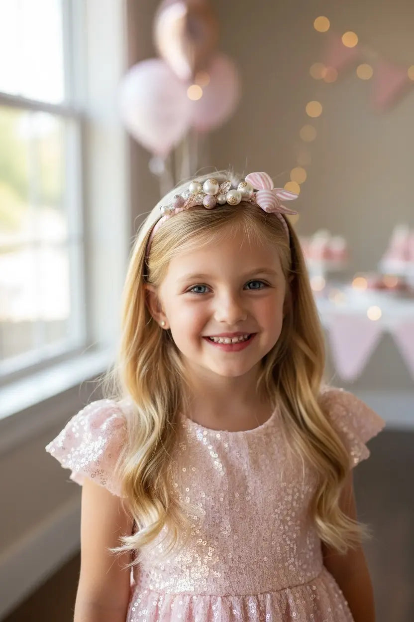 Pink and off white stripy alice band with pearls and stones in a gold cased diamante Cute Cute