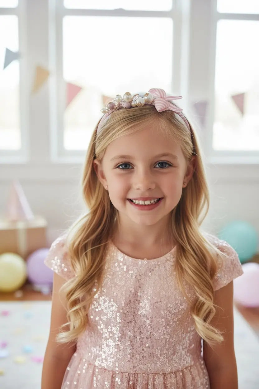 Pink and off white stripy alice band with pearls and stones in a gold cased diamante Cute Cute