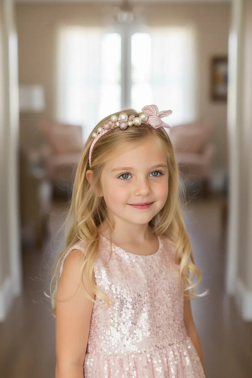 Pink and off white stripy alice band with pearls and stones in a gold cased diamante Cute Cute