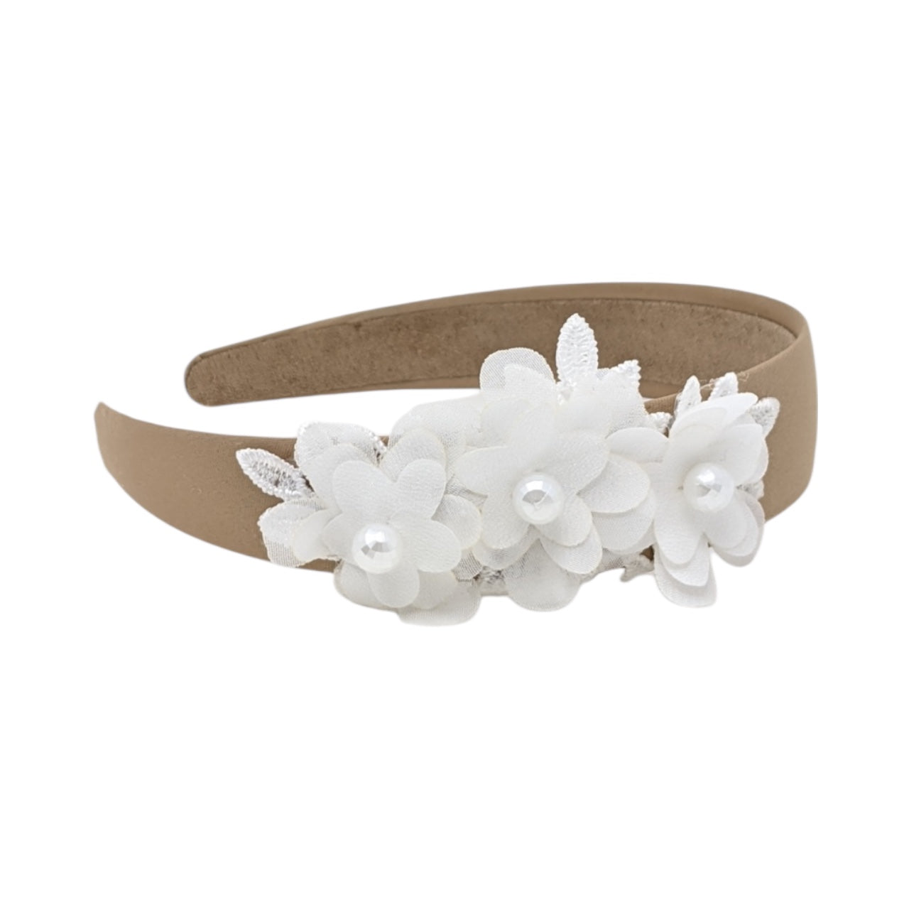 Brown wide alice band with off white flowers and pearls