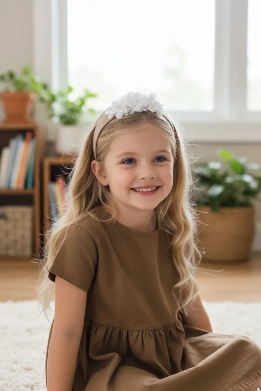 Brown wide alice band with off white flowers and pearls Cute Cute