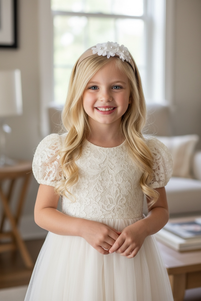 Brown wide alice band with off white flowers and pearls