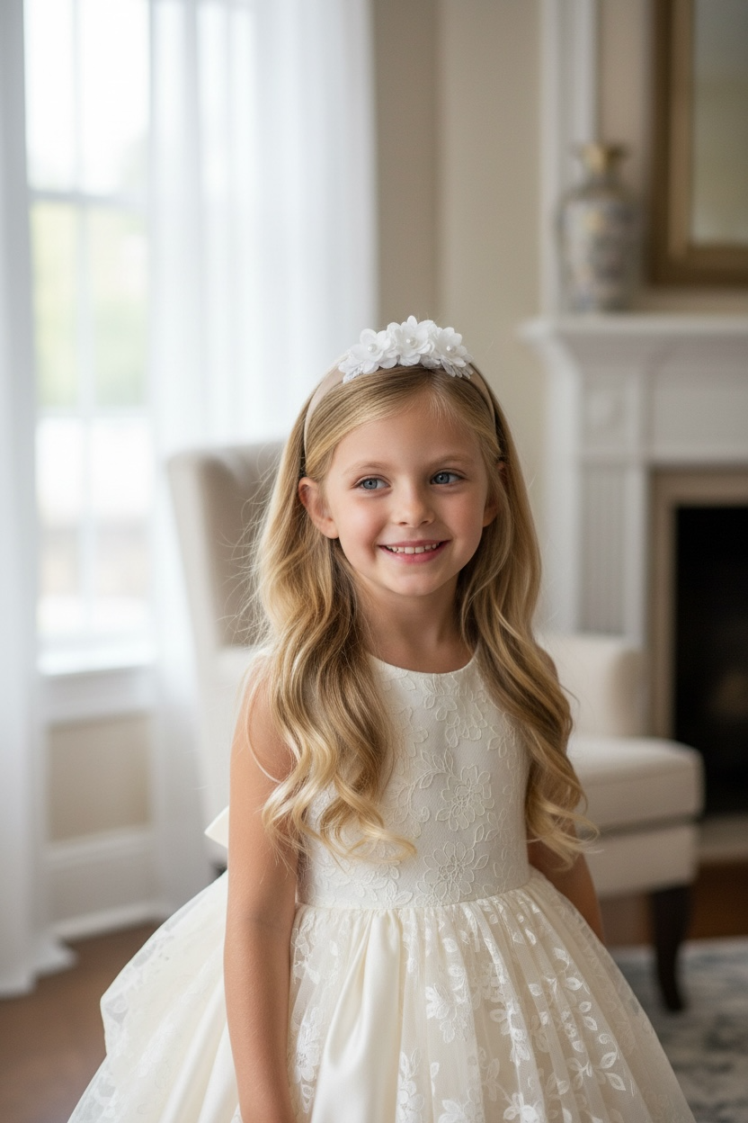 Brown wide alice band with off white flowers and pearls