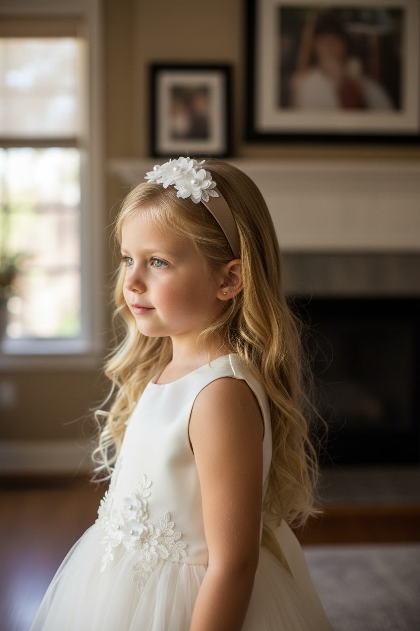 Brown wide alice band with off white flowers and pearls