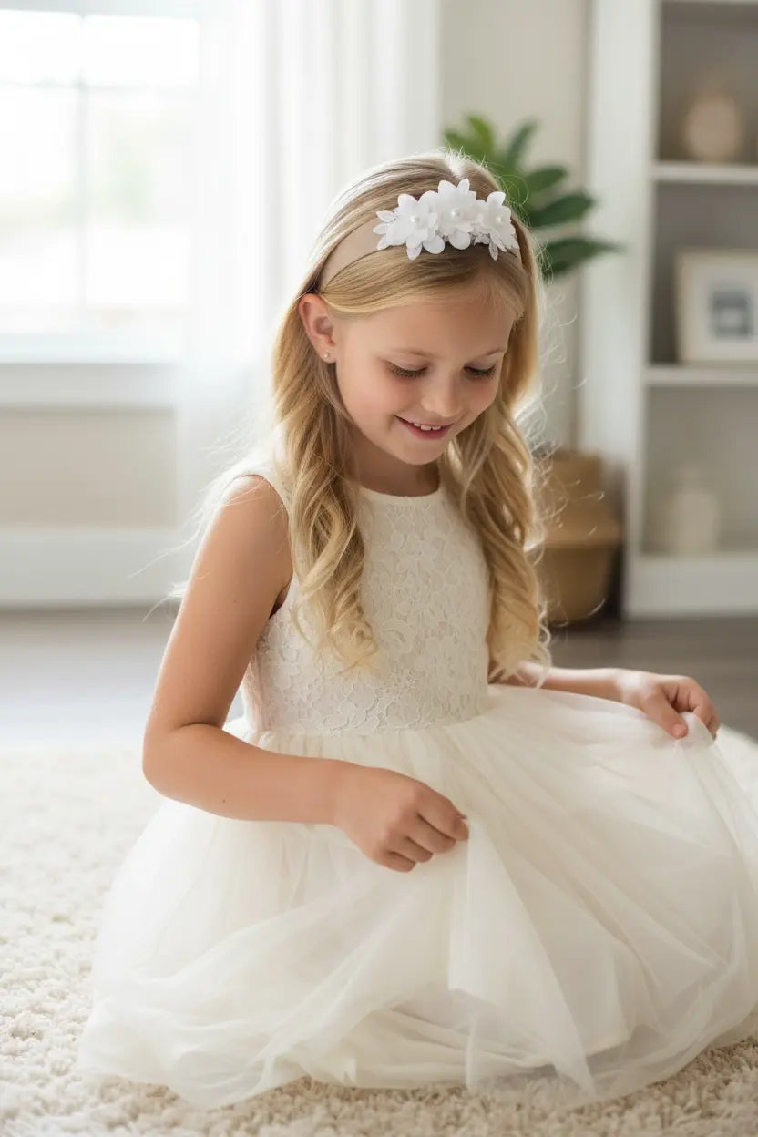 Brown wide alice band with off white flowers and pearls Cute Cute