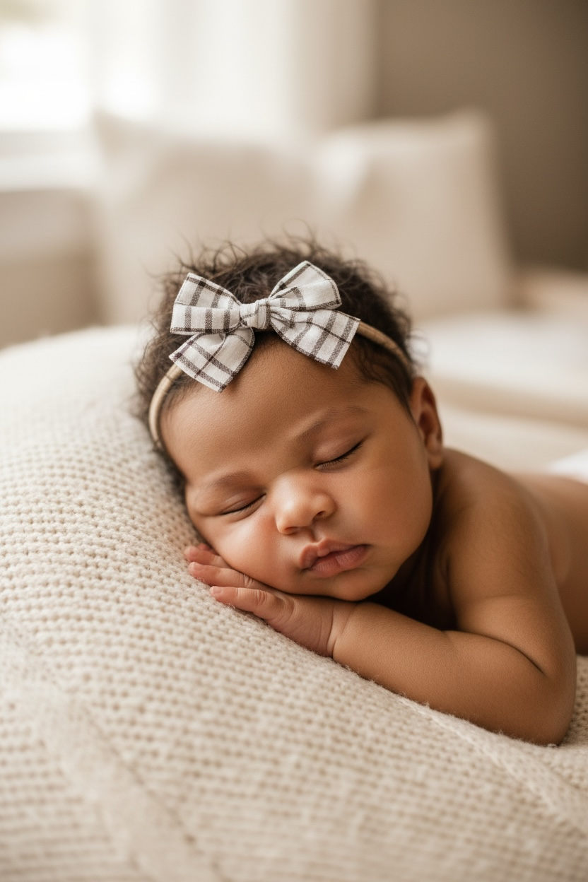 Brown and off white fabric checked bow on a headband
