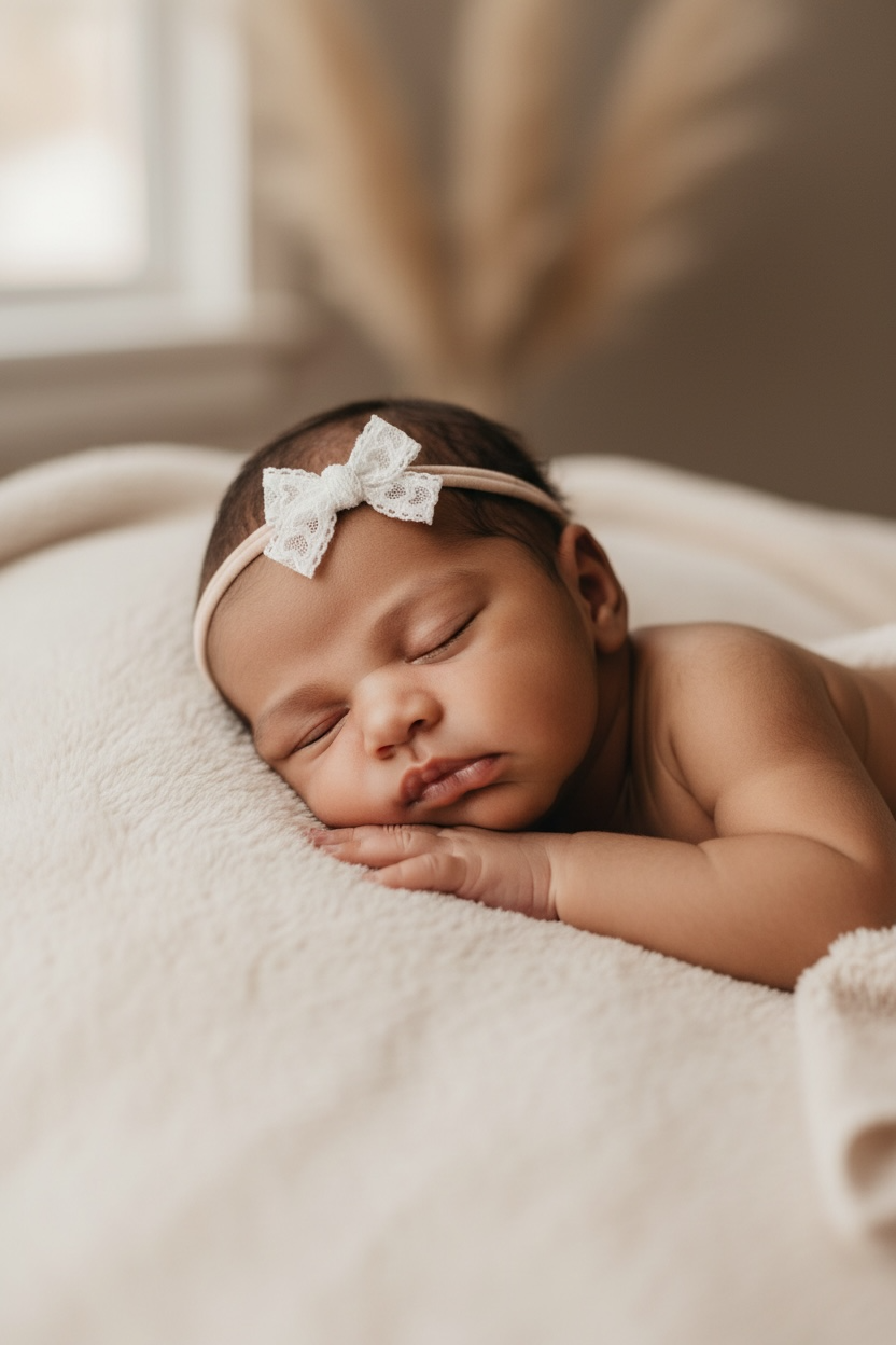 White lace bow on a pink nylon headband