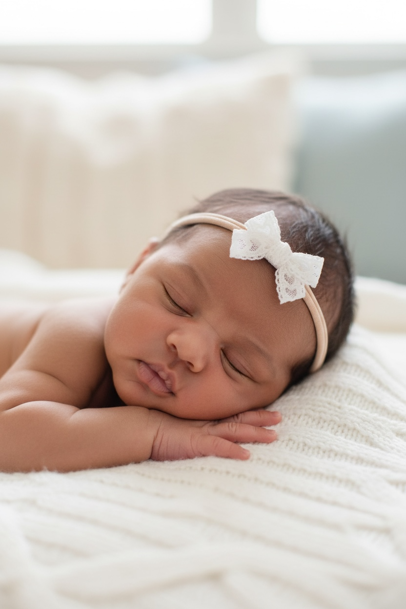 White lace bow on a pink nylon headband