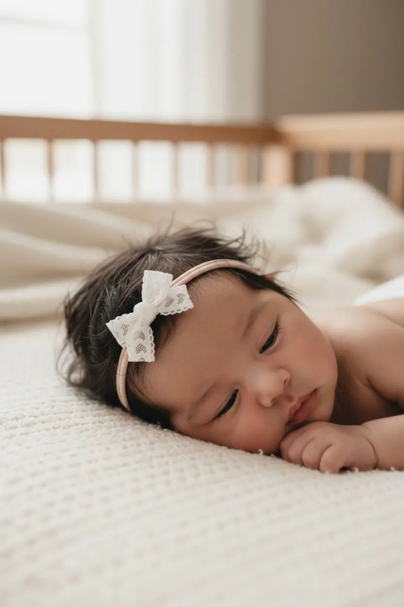 White lace bow on a pink nylon headband Cute Cute