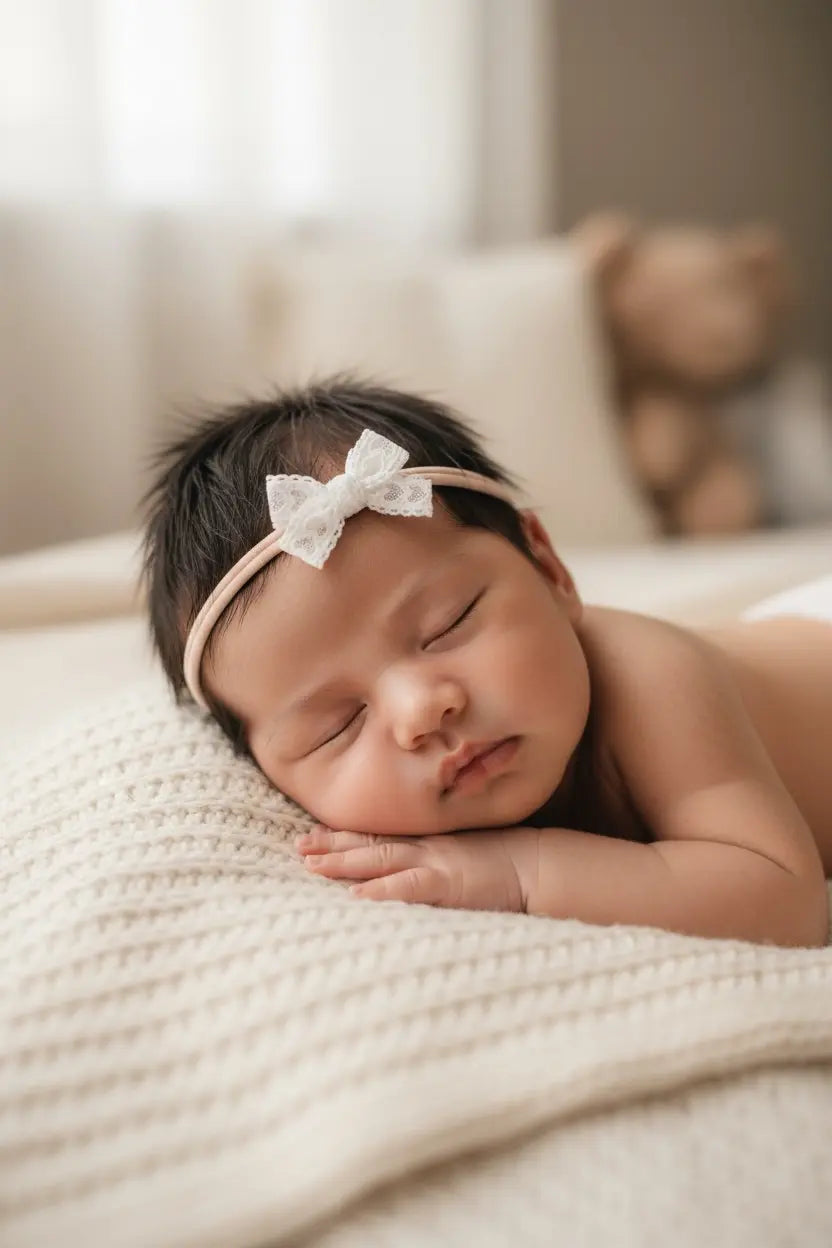 White lace bow on a pink nylon headband Cute Cute