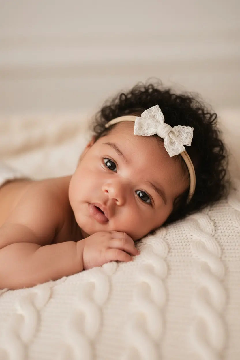 White lace bow on an ivory nylon headband Cute Cute