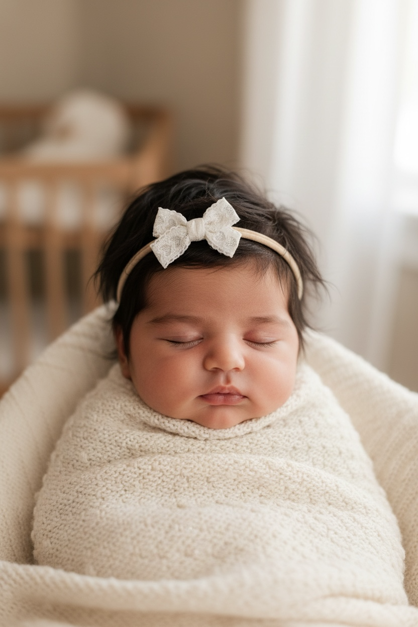 White lace bow on an ivory nylon headband
