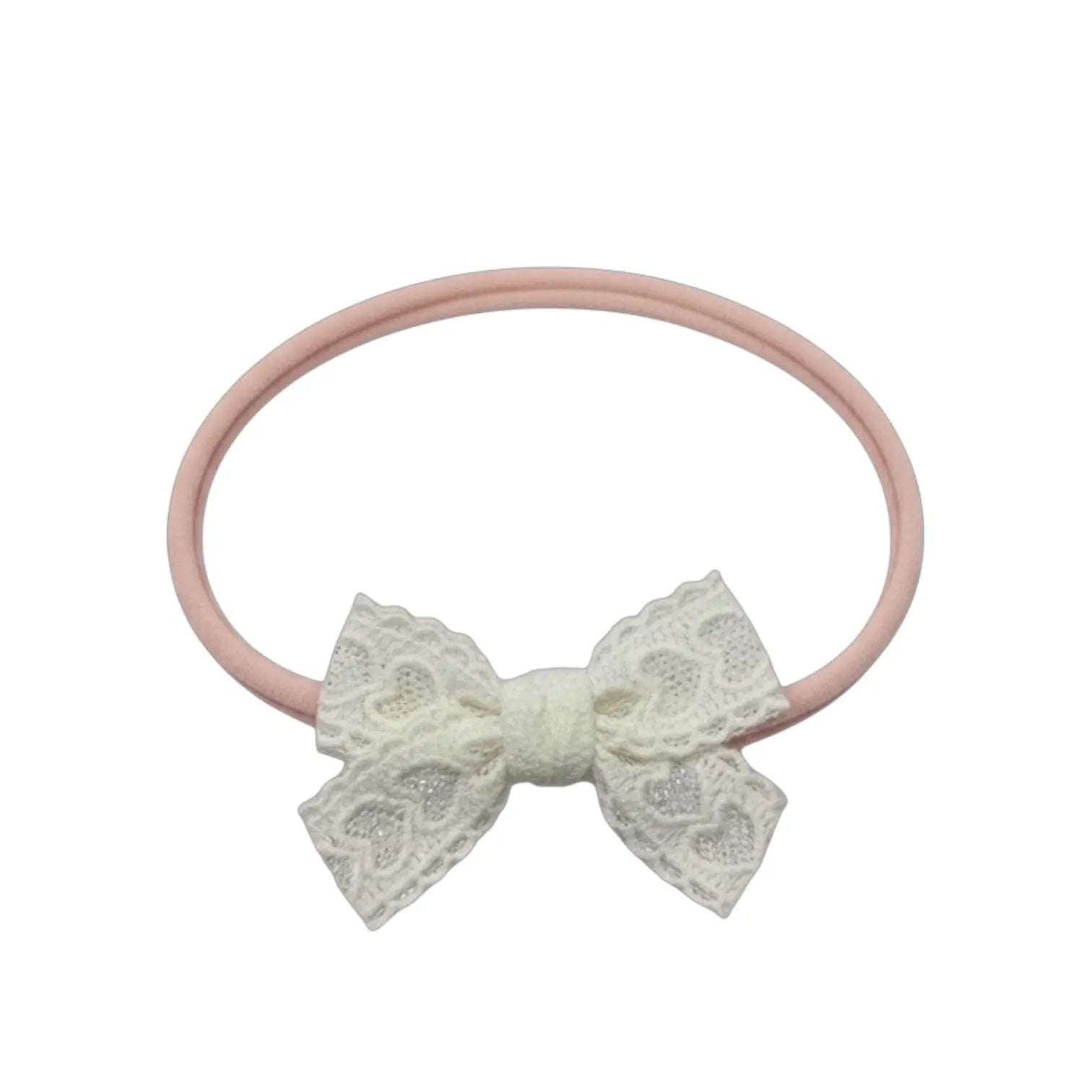 White lace bow on a pink nylon headband Cute Cute