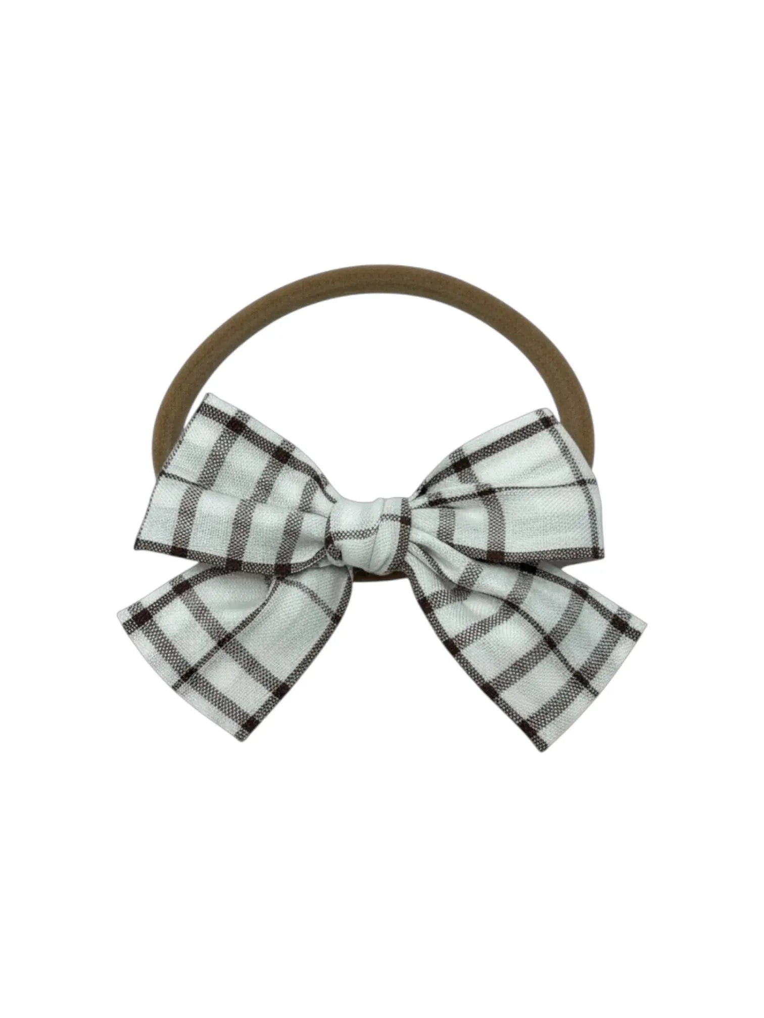 Brown and off white fabric checked bow on a headband Cute Cute