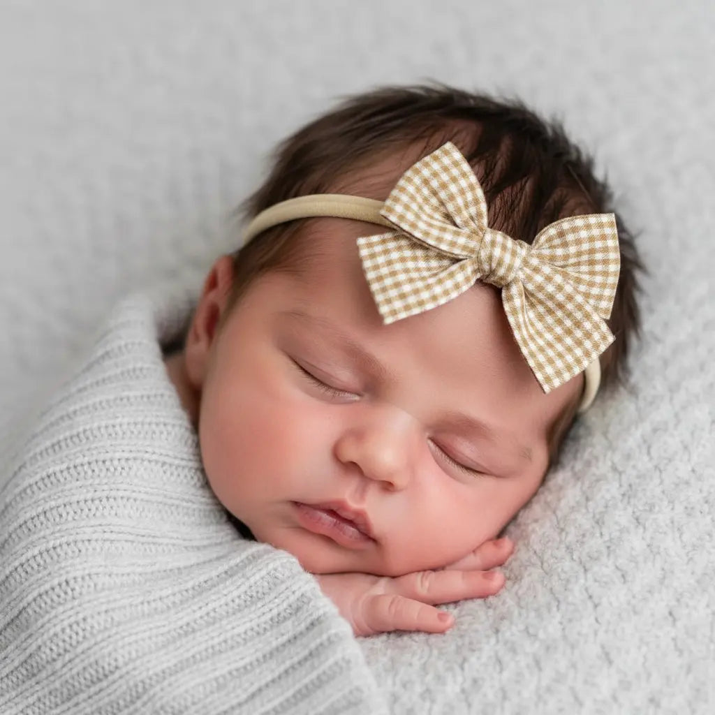 Mustard checked fabric bow on a headband. Cute Cute