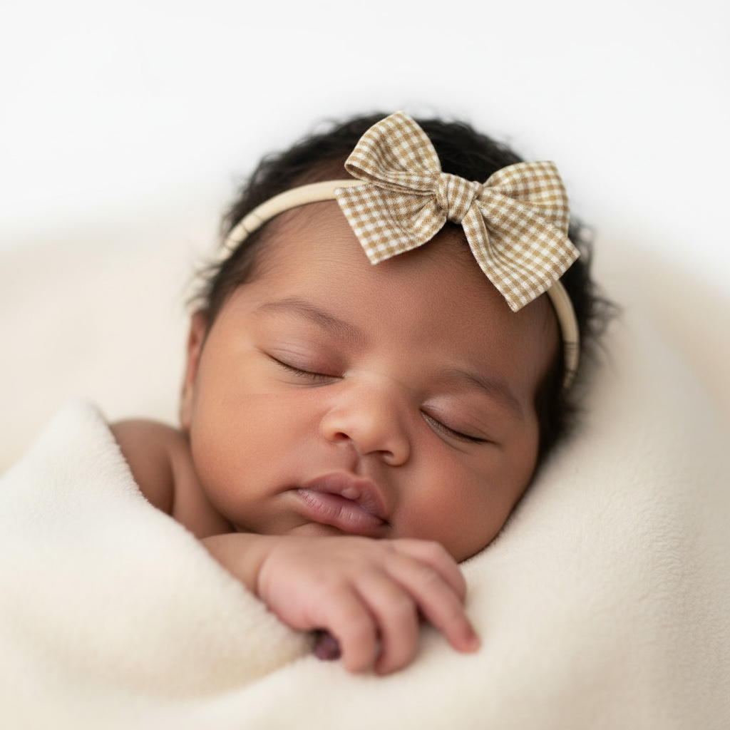 Mustard checked fabric bow on a headband.