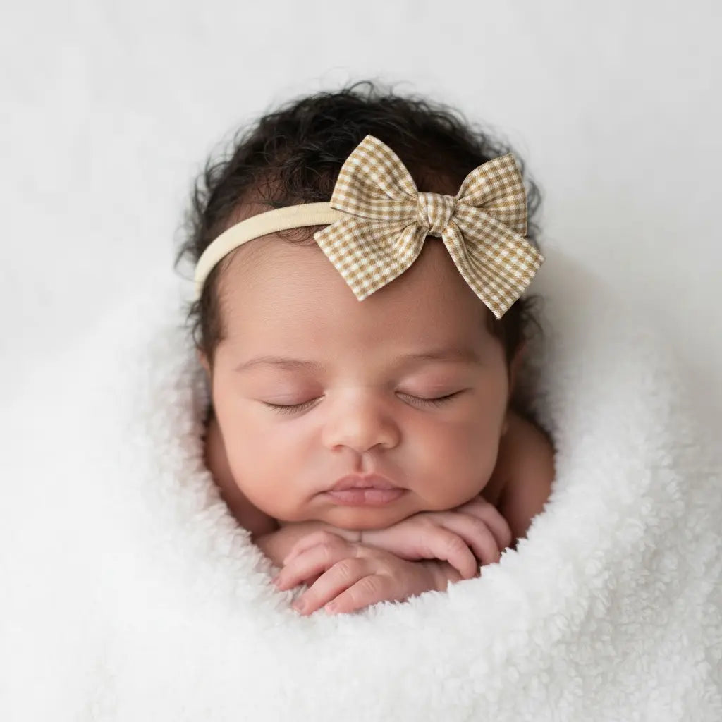 Mustard checked fabric bow on a headband. Cute Cute