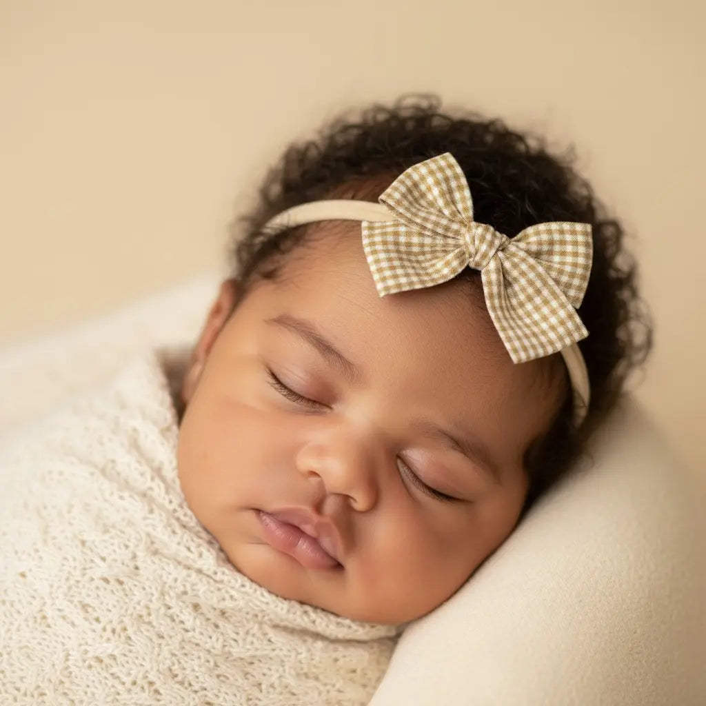 Mustard checked fabric bow on a headband. Cute Cute