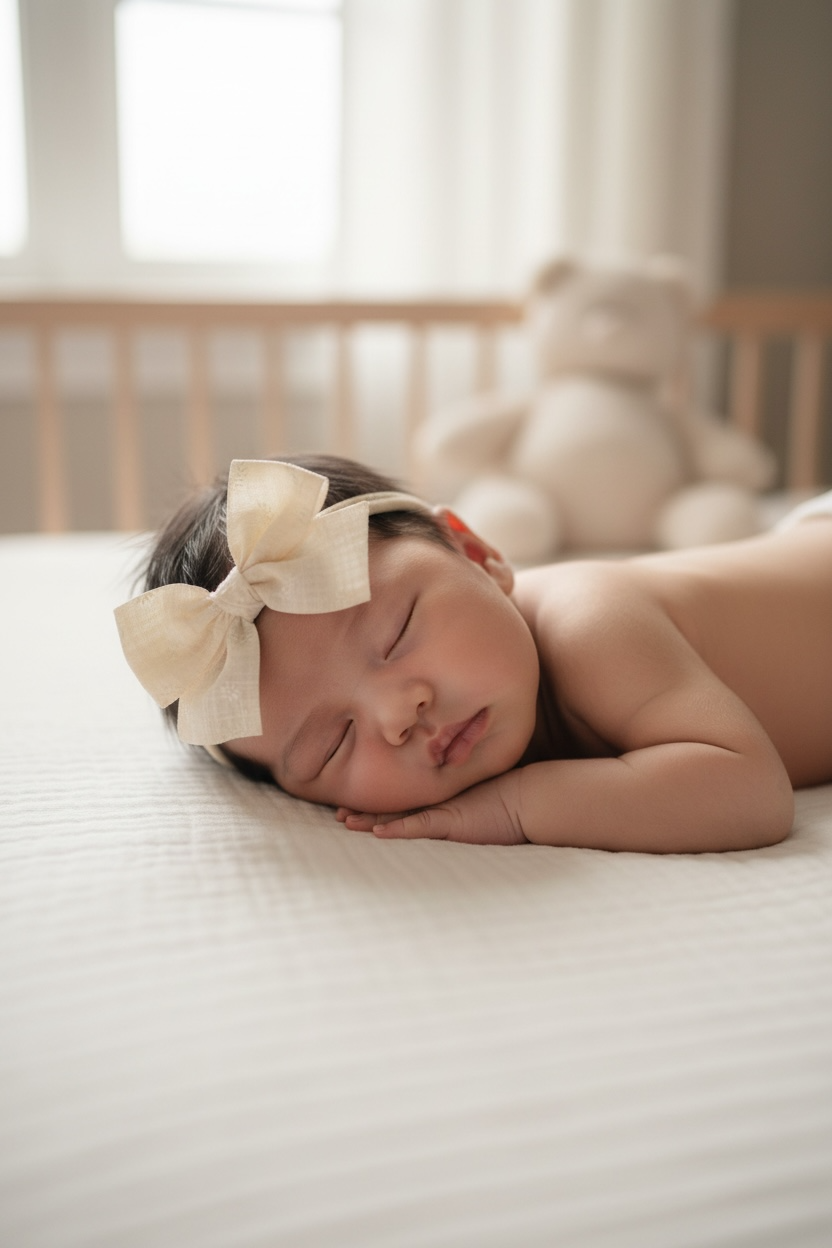 Ivory floral fabric bow on a headband