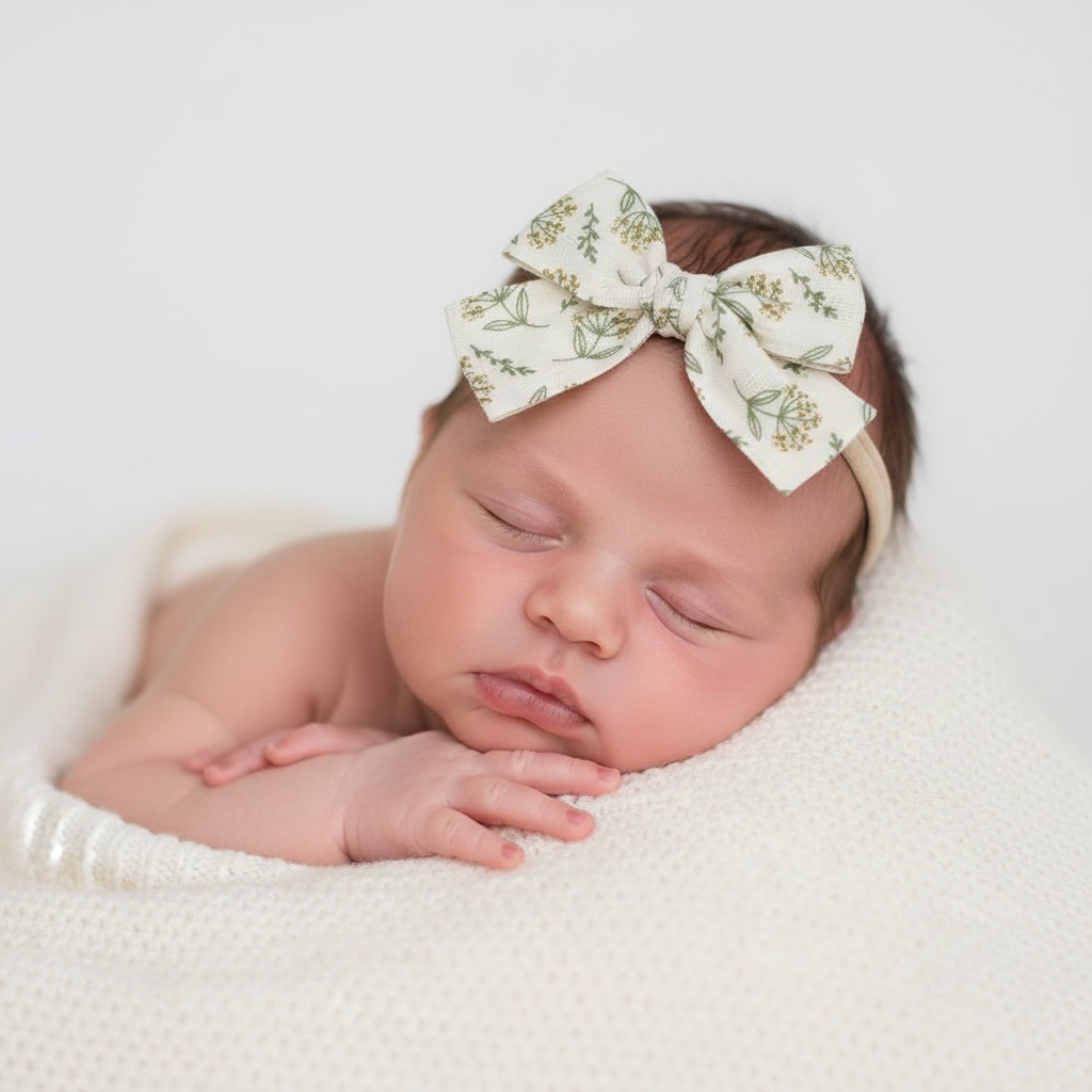 Green flowers fabric bow on a headband