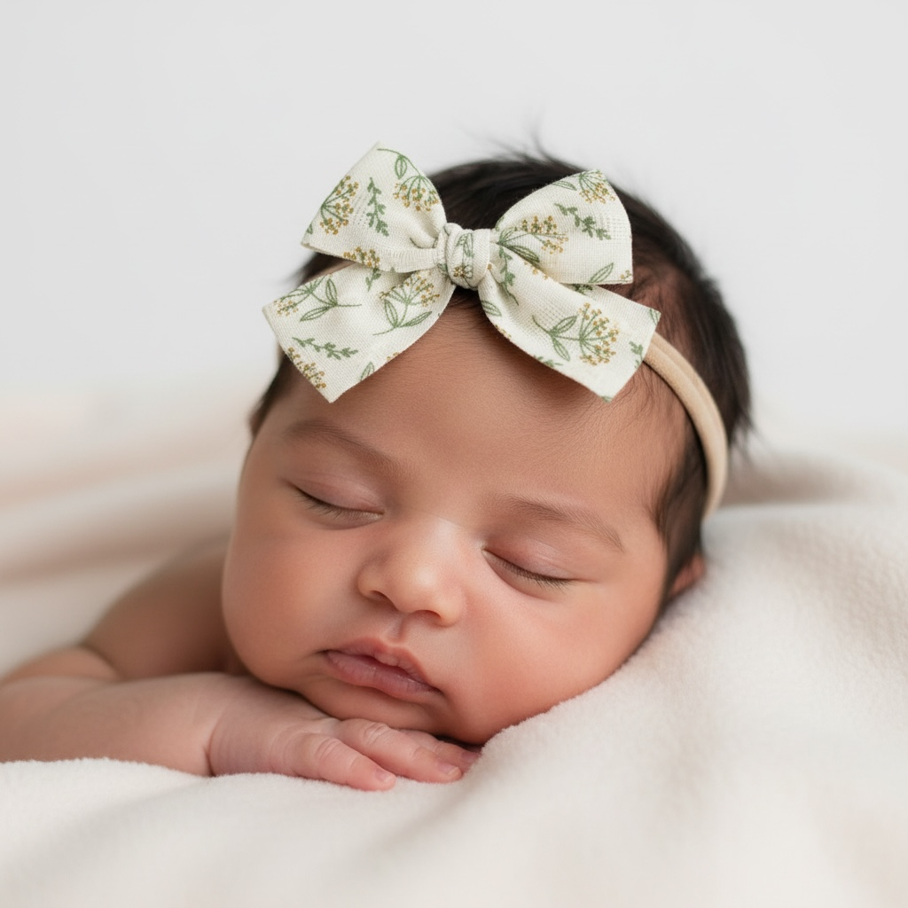 Green flowers fabric bow on a headband