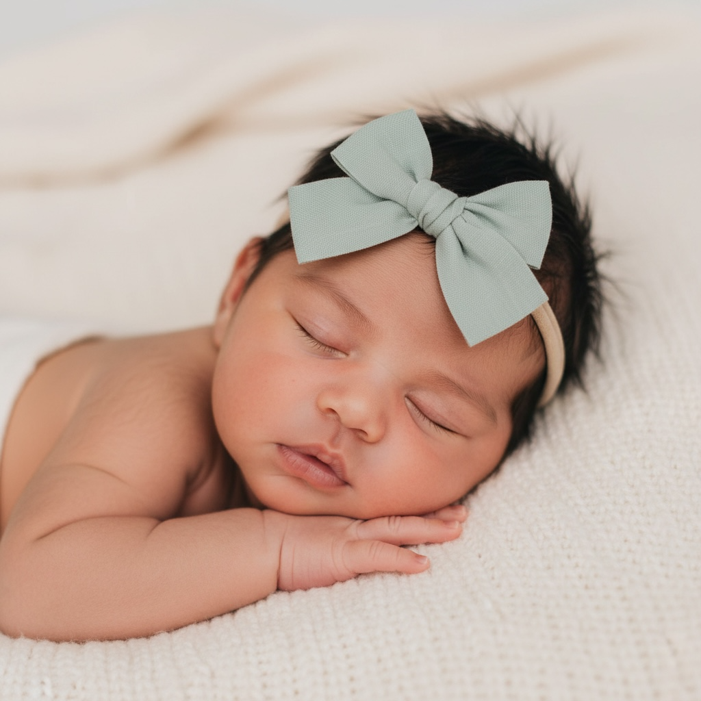 Green fabric bow on a headband