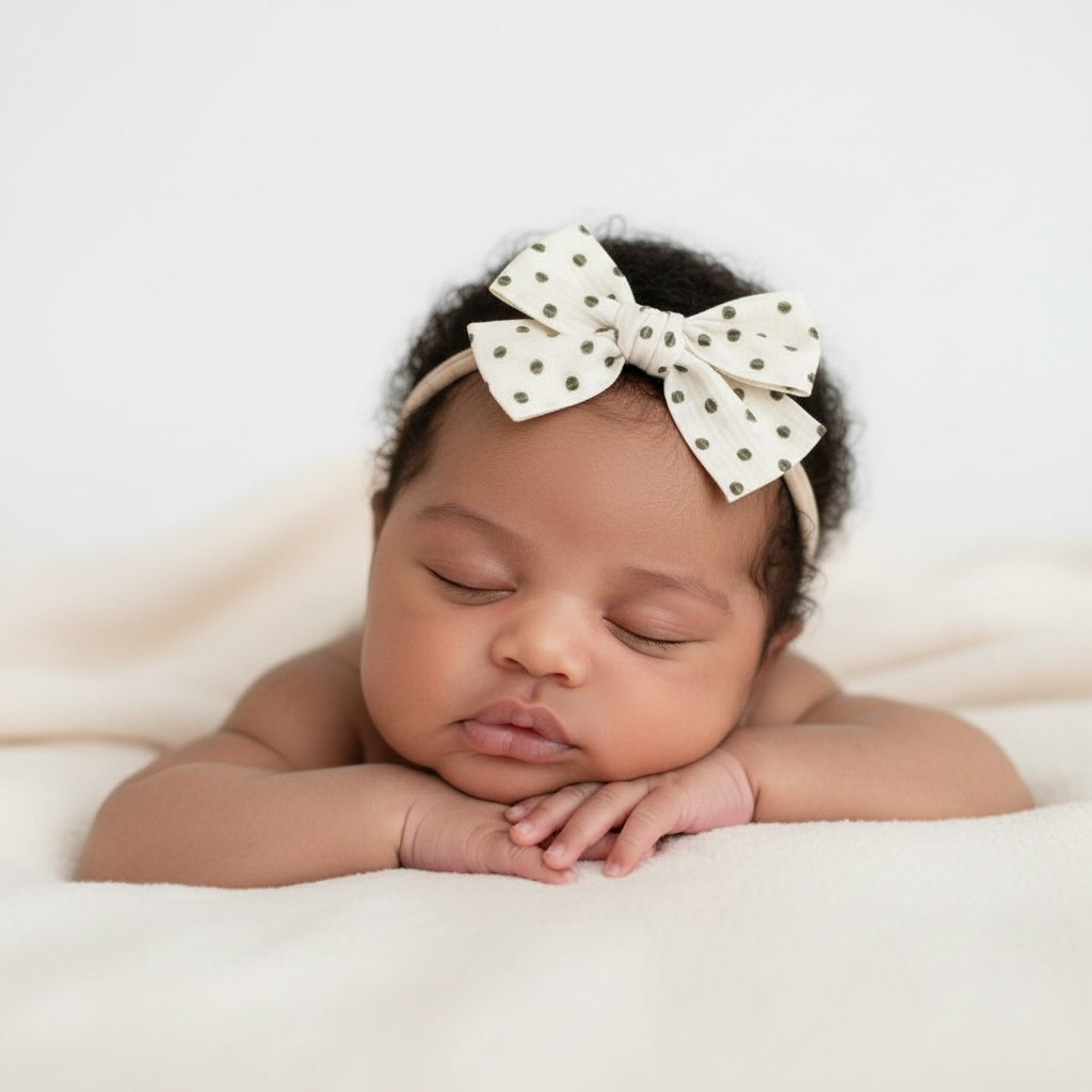 Brown polka dot fabric bow on a headband