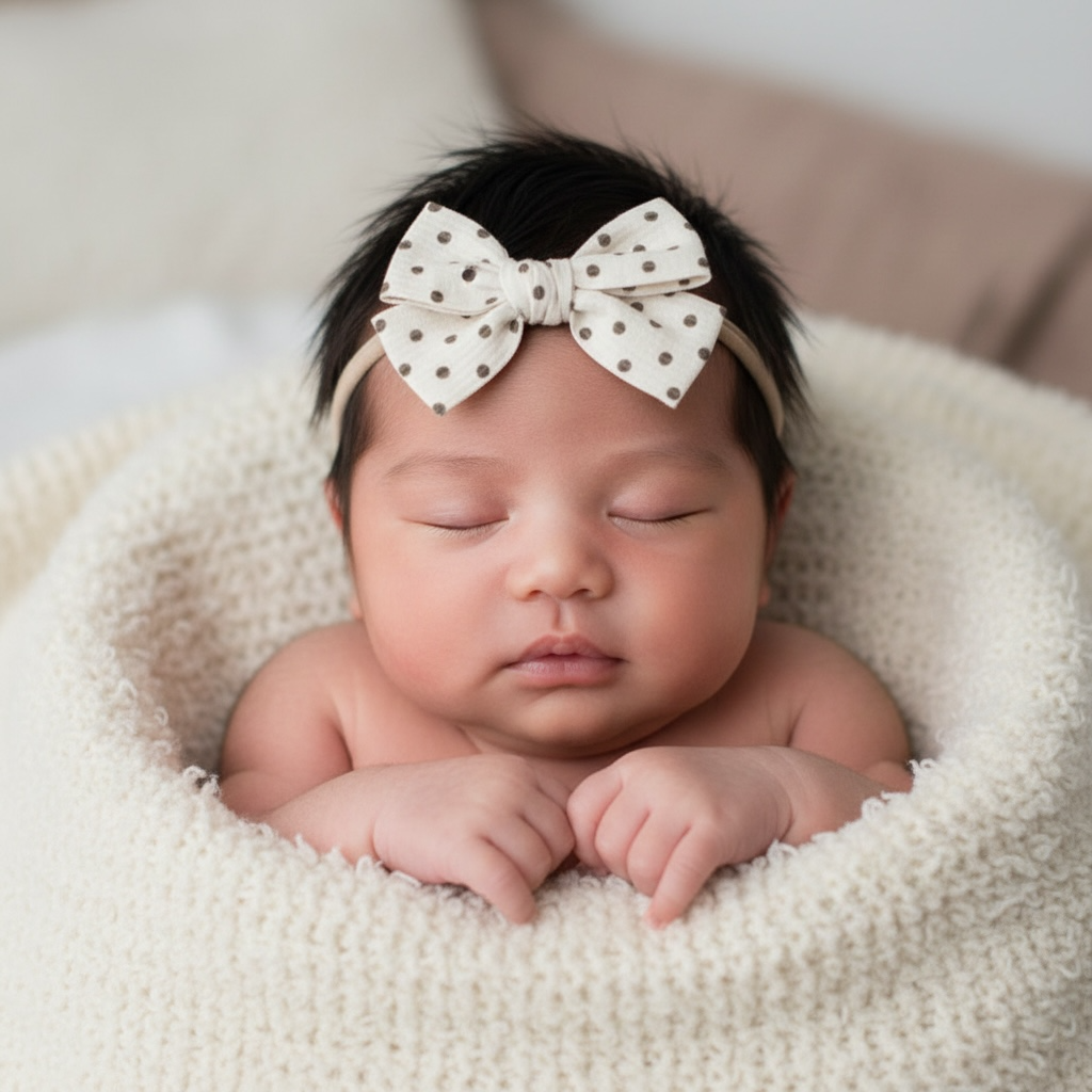 Brown polka dot fabric bow on a headband