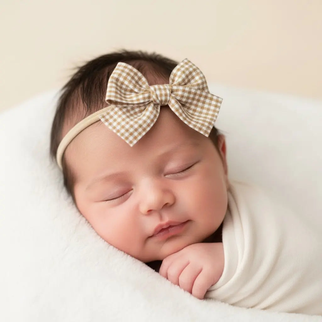 Mustard checked fabric bow on a headband. Cute Cute