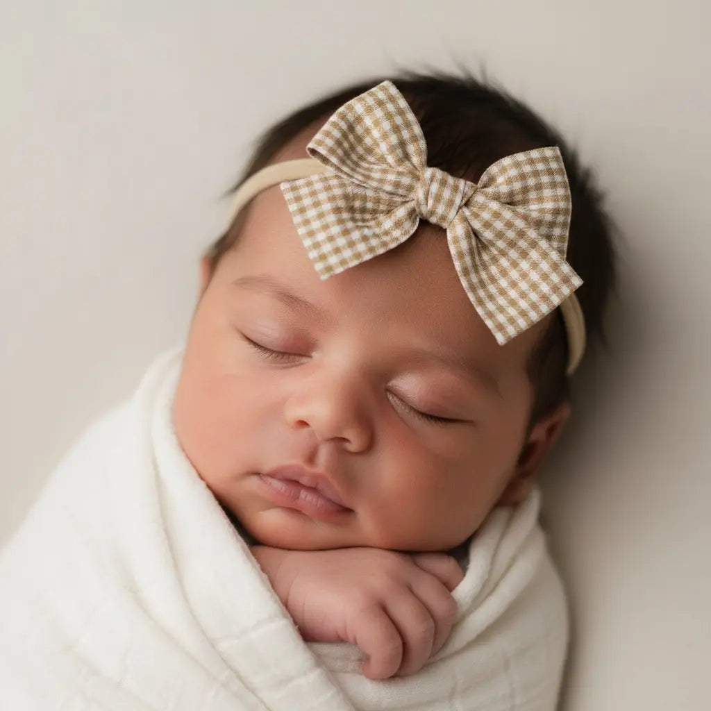 Mustard checked fabric bow on a headband. Cute Cute