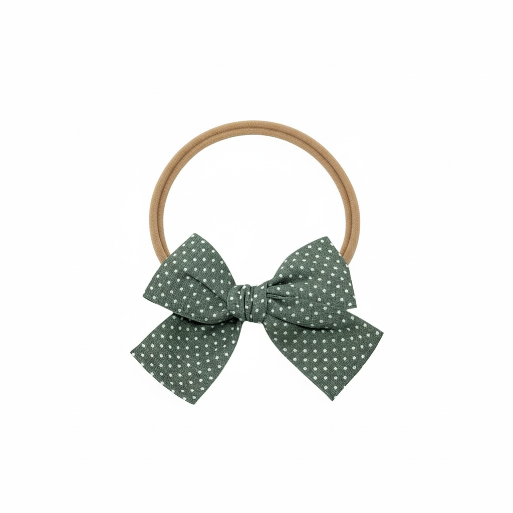 Green polka dot fabric bow on a headband
