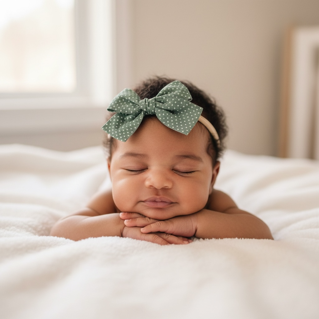 Green polka dot fabric bow on a headband