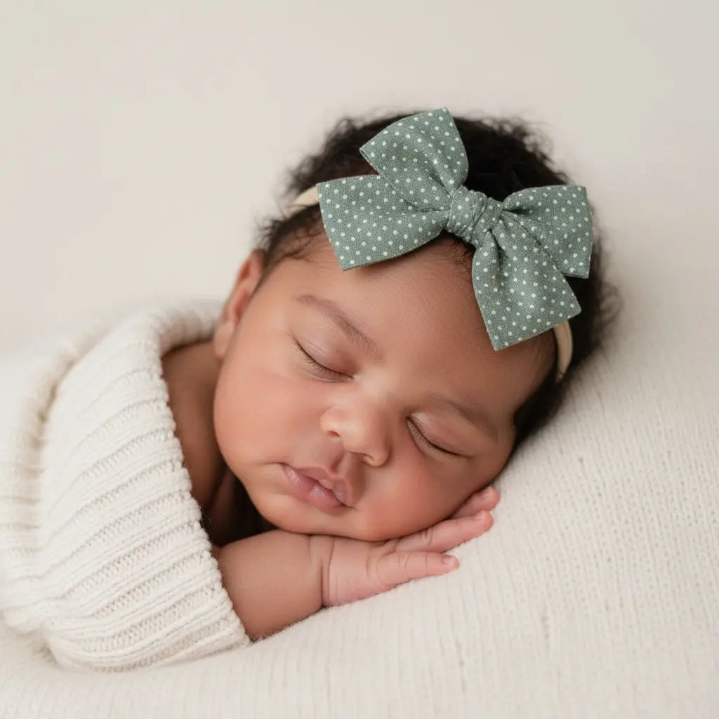 Green polka dot fabric bow on a headband Cute Cute
