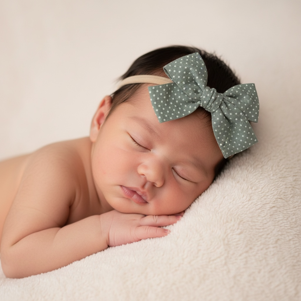 Green polka dot fabric bow on a headband