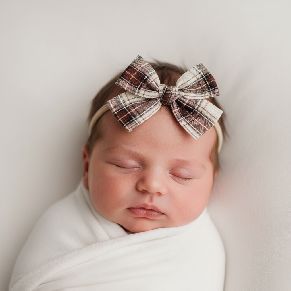 Brown fabric checked bow on a headband