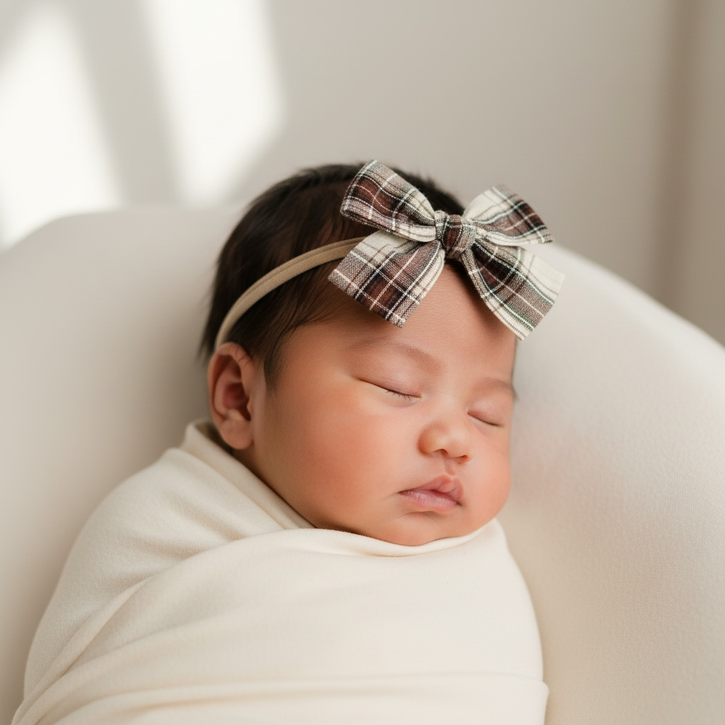 Brown fabric checked bow on a headband
