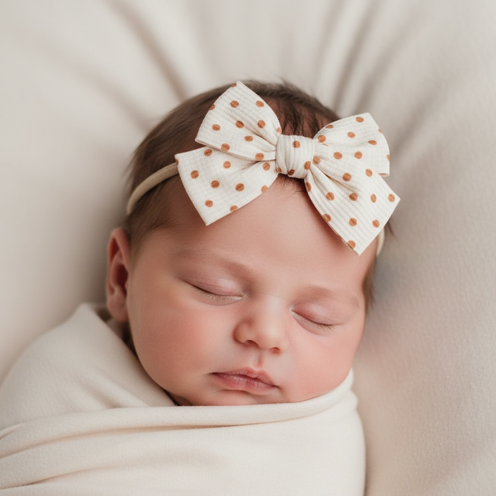 Fabric orange brown polka dot bow on a headband