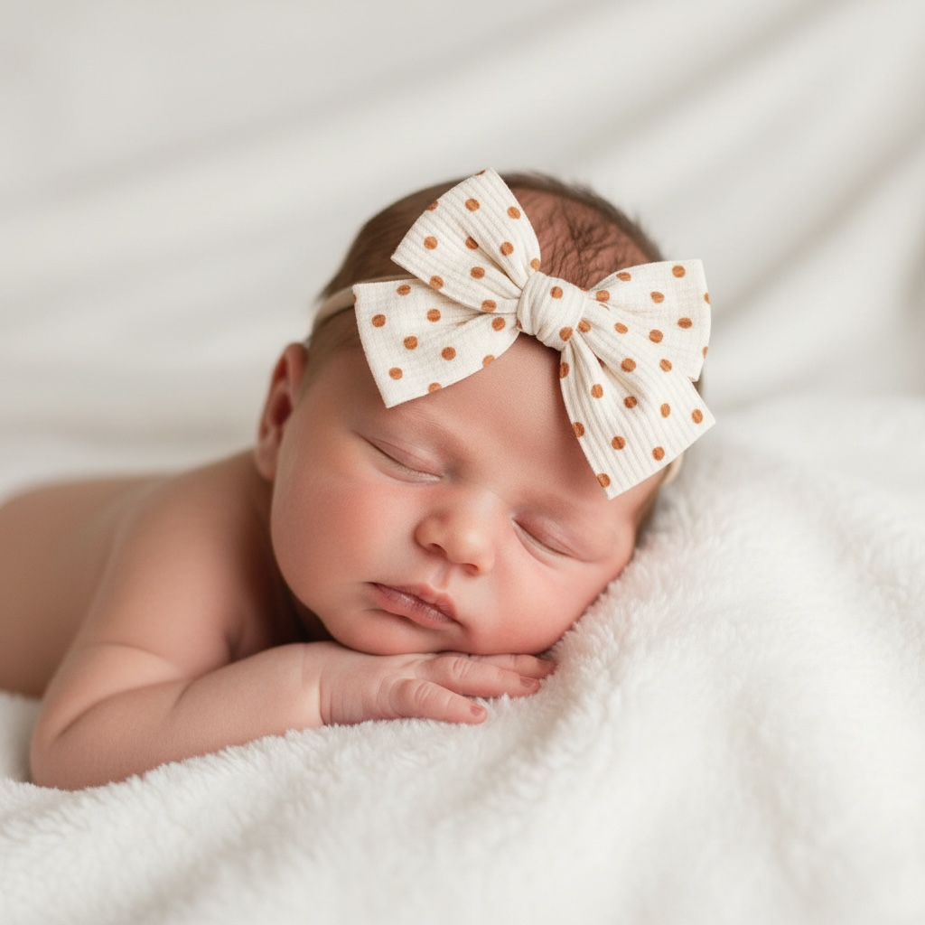 Fabric orange brown polka dot bow on a headband