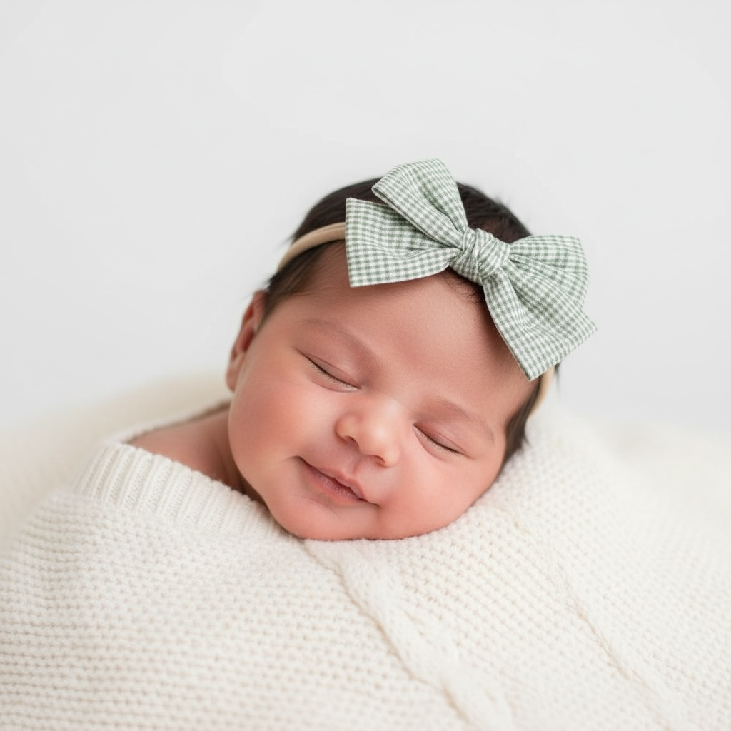 Green checked fabric bow on a headband
