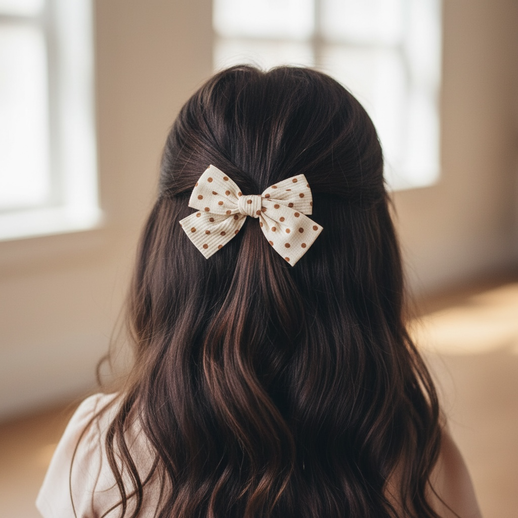 Light brown polka dot fabric bow
