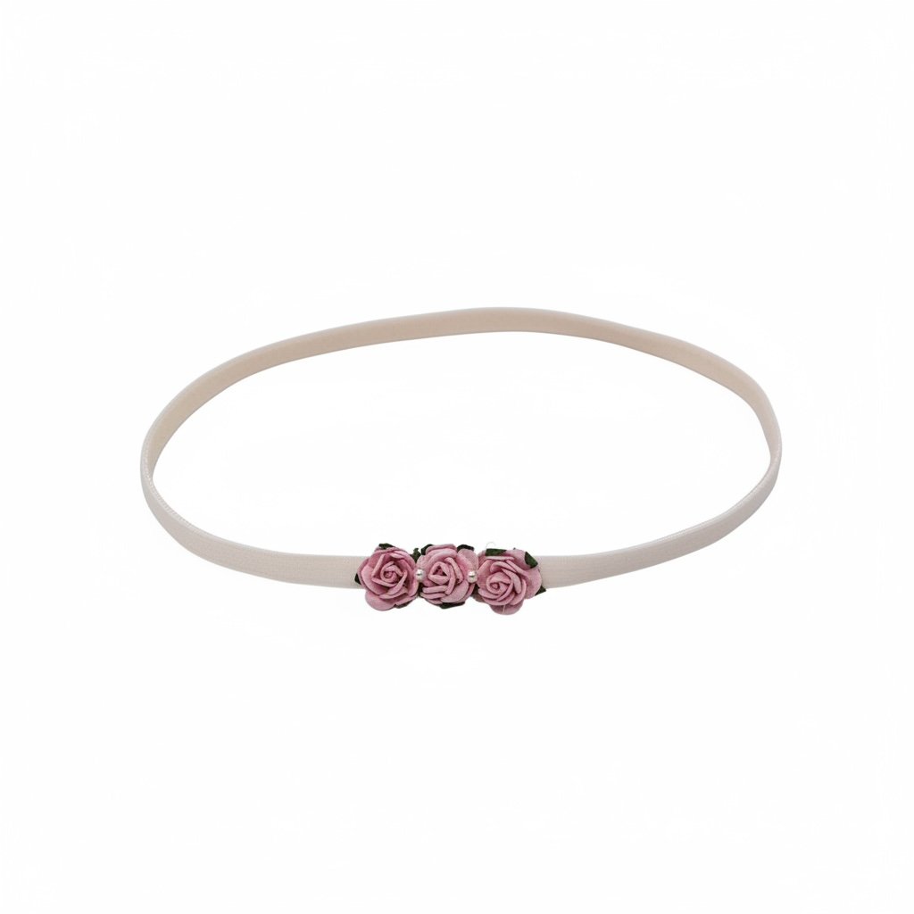 Plush elastic headband with three mulberry roses in pink