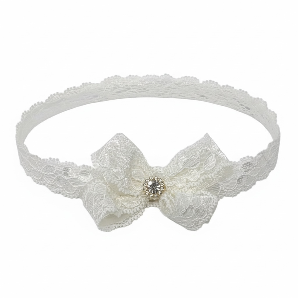 Off white lace bow decorated with rhinestone