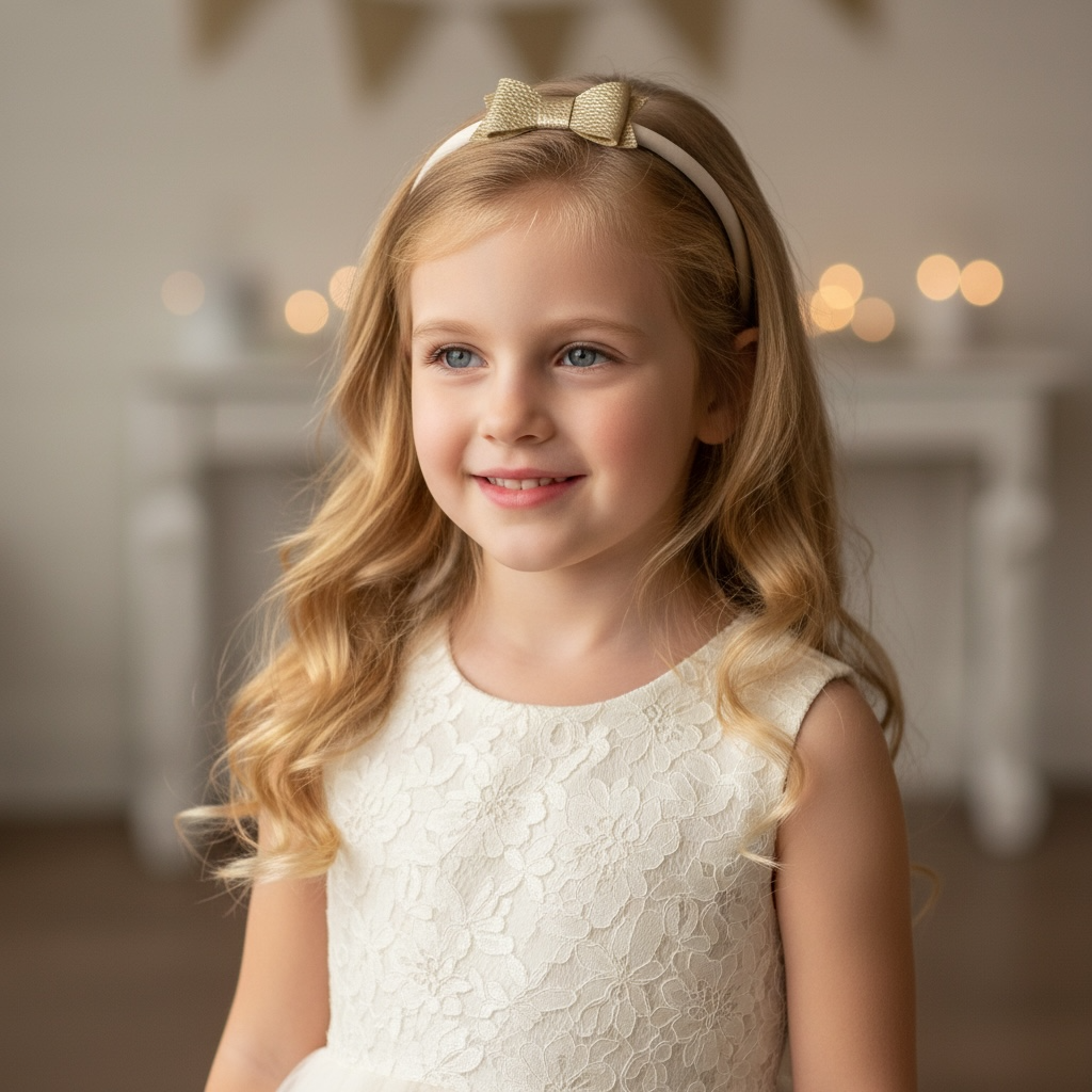 Small gold leathette bow on a satin alice band