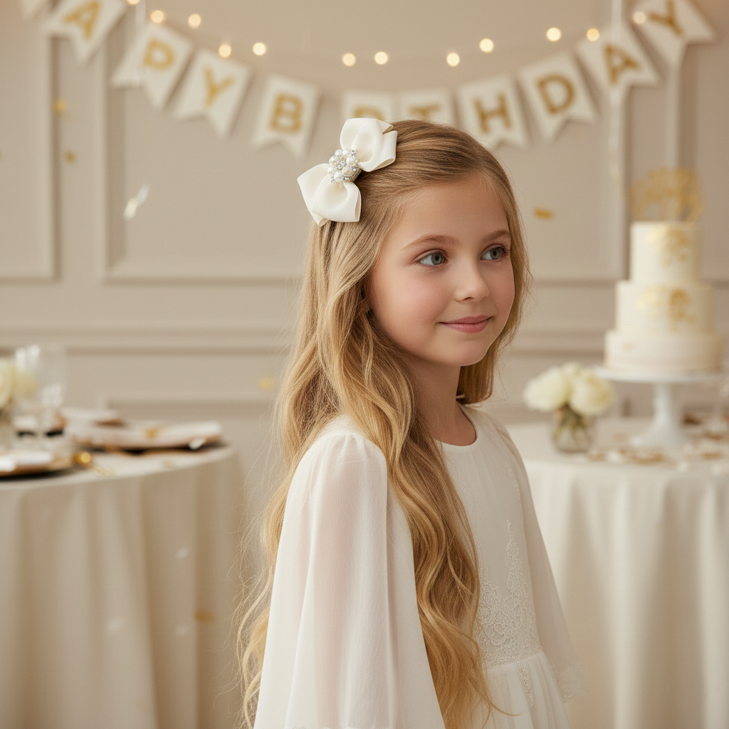 Grosgrain bow with pearl rhinestone on a clip