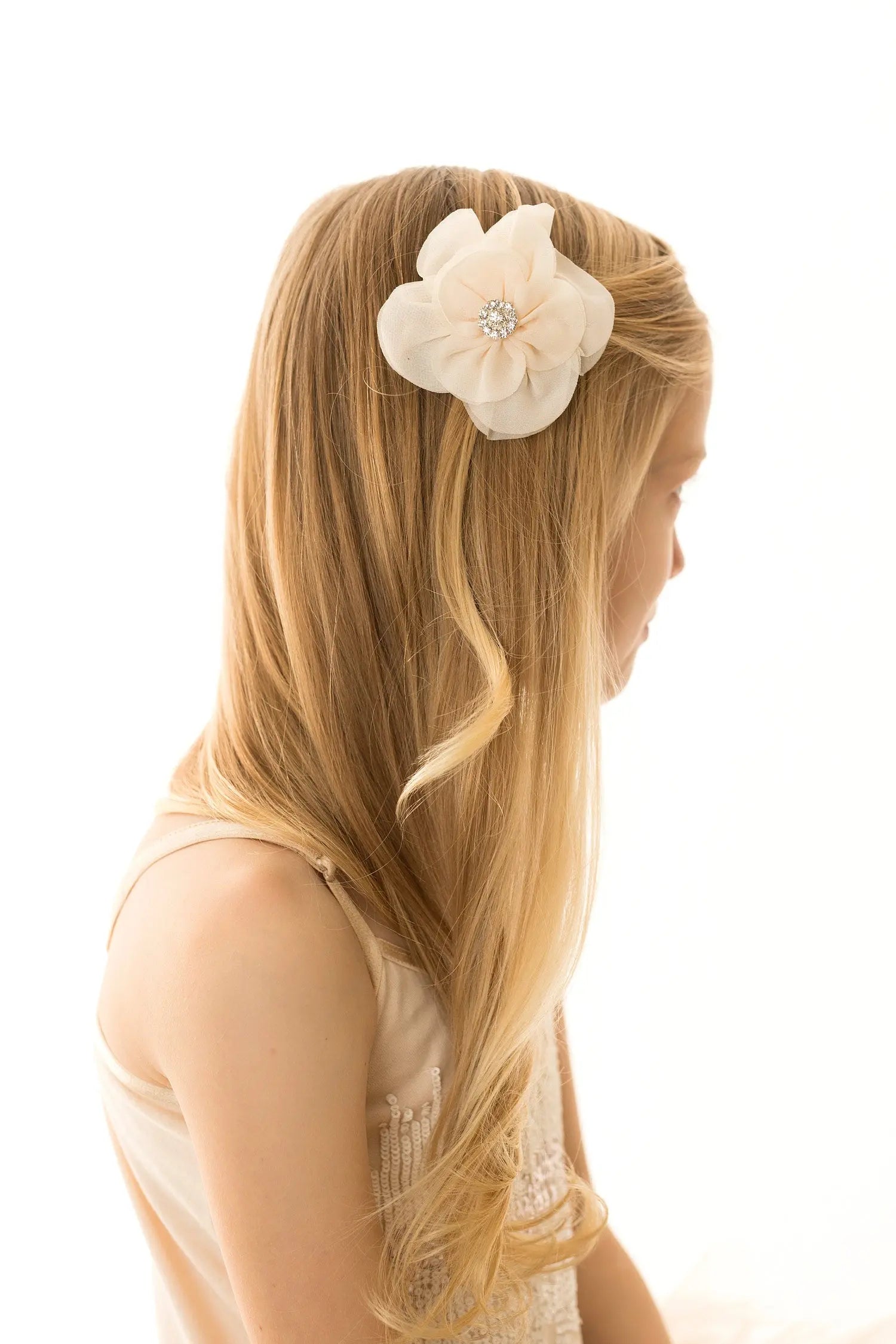 Ivory chiffon flower with rhinestone on an alligator clip. Cute Cute