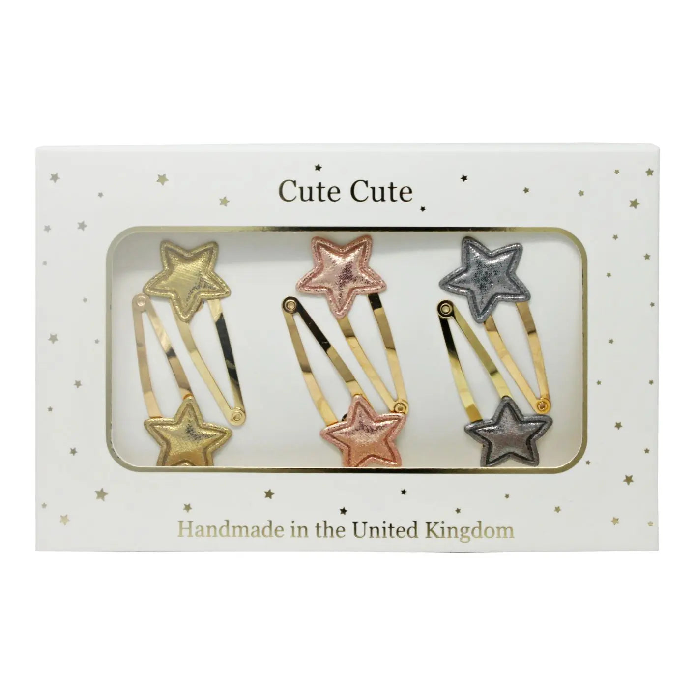 Set of six stars on a snap clip in a gold gift box Cute Cute