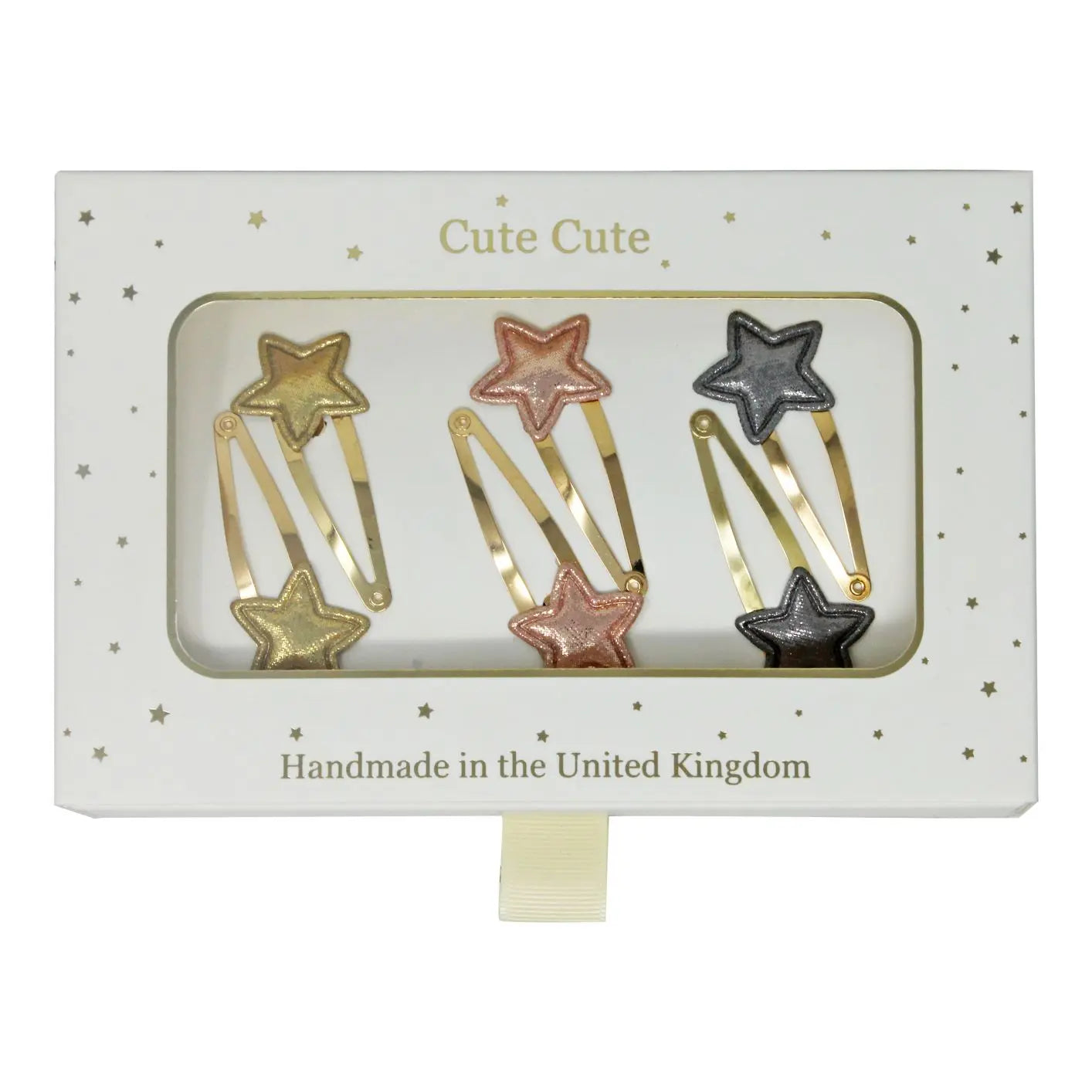 Set of six stars on a snap clip in a gold gift box Cute Cute