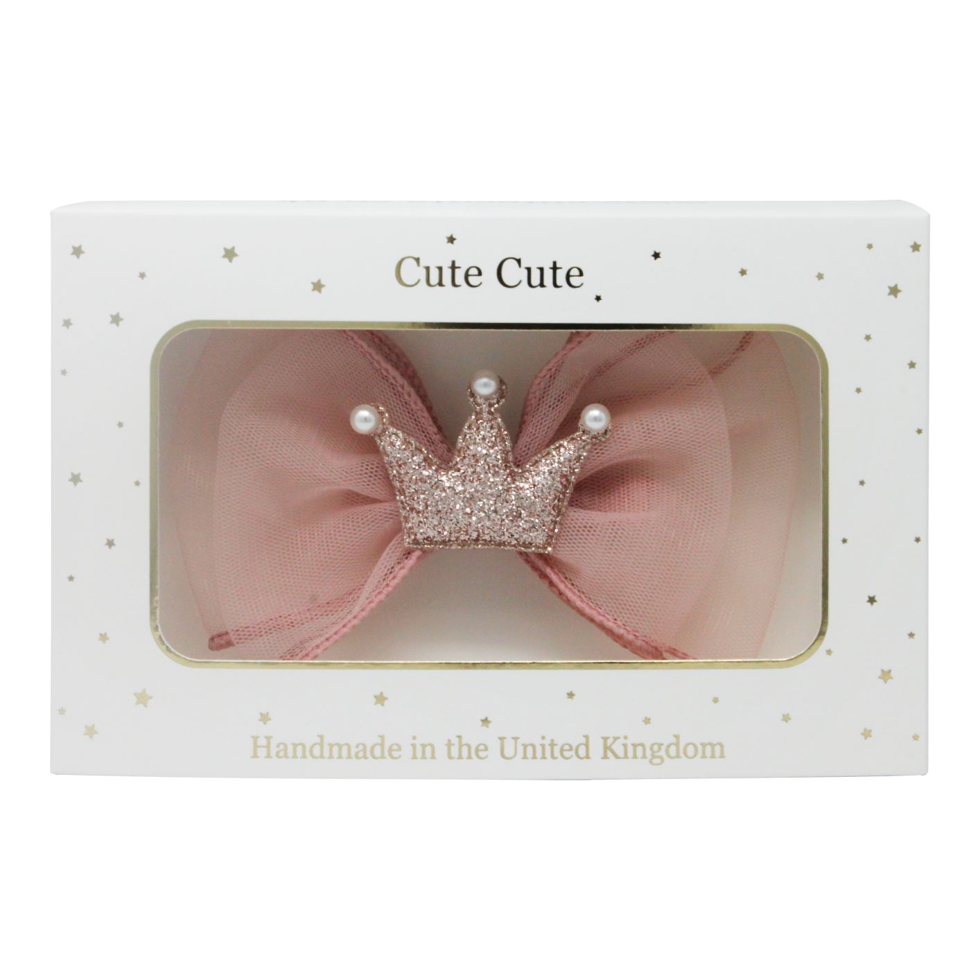 Dusky pink chiffon large bow with glitter crown and pearls in a draw gift box.